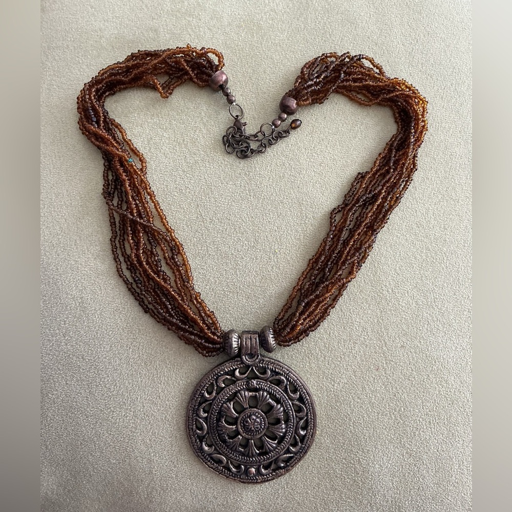 Brown Beaded Necklace with Pendant